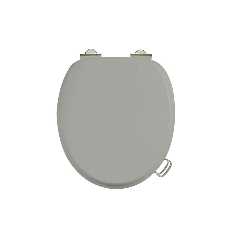 Arcade Dark Olive soft-close seat with handle finished in nickel